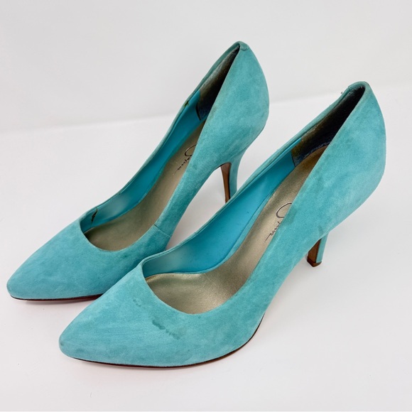 Jessica Simpson Avenx Blue Bell Aqua Suede Pointed Toe Pumps Women's Size 10W - Picture 14 of 16